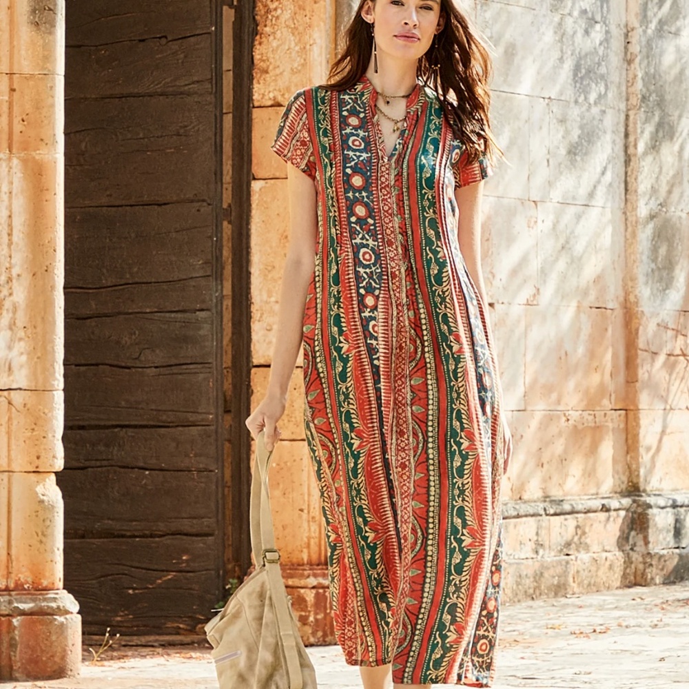 Peruvian Connection 100% Woven Linen TAMARIND DRESS XL May fit L batik